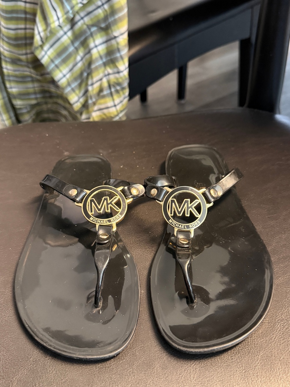 Michael Kors Black Patent Jelly Logo Thong Sandals with Gold MK Medallions